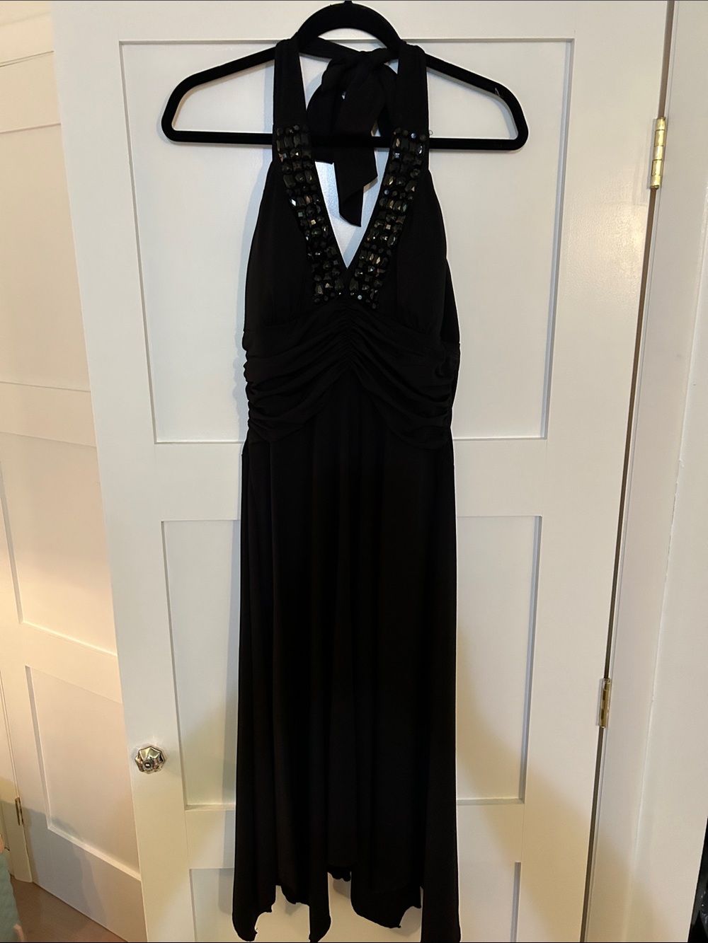 Dress Barn Black One-Shoulder Halter Dress with Beaded Plunge